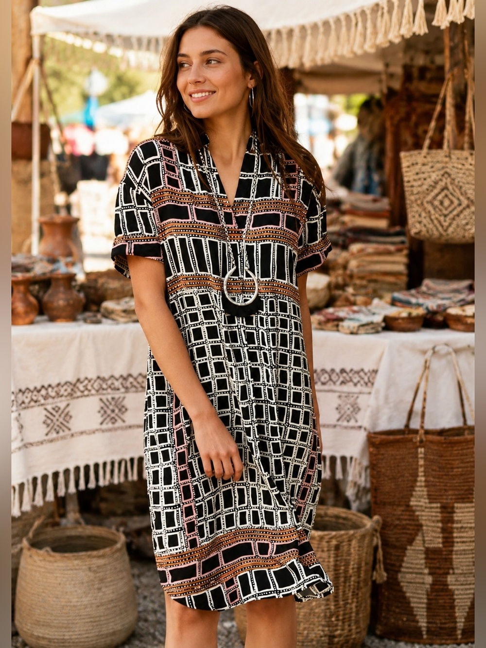 Nile Bohemian block print Dress Large short sleeve Relaxed fit